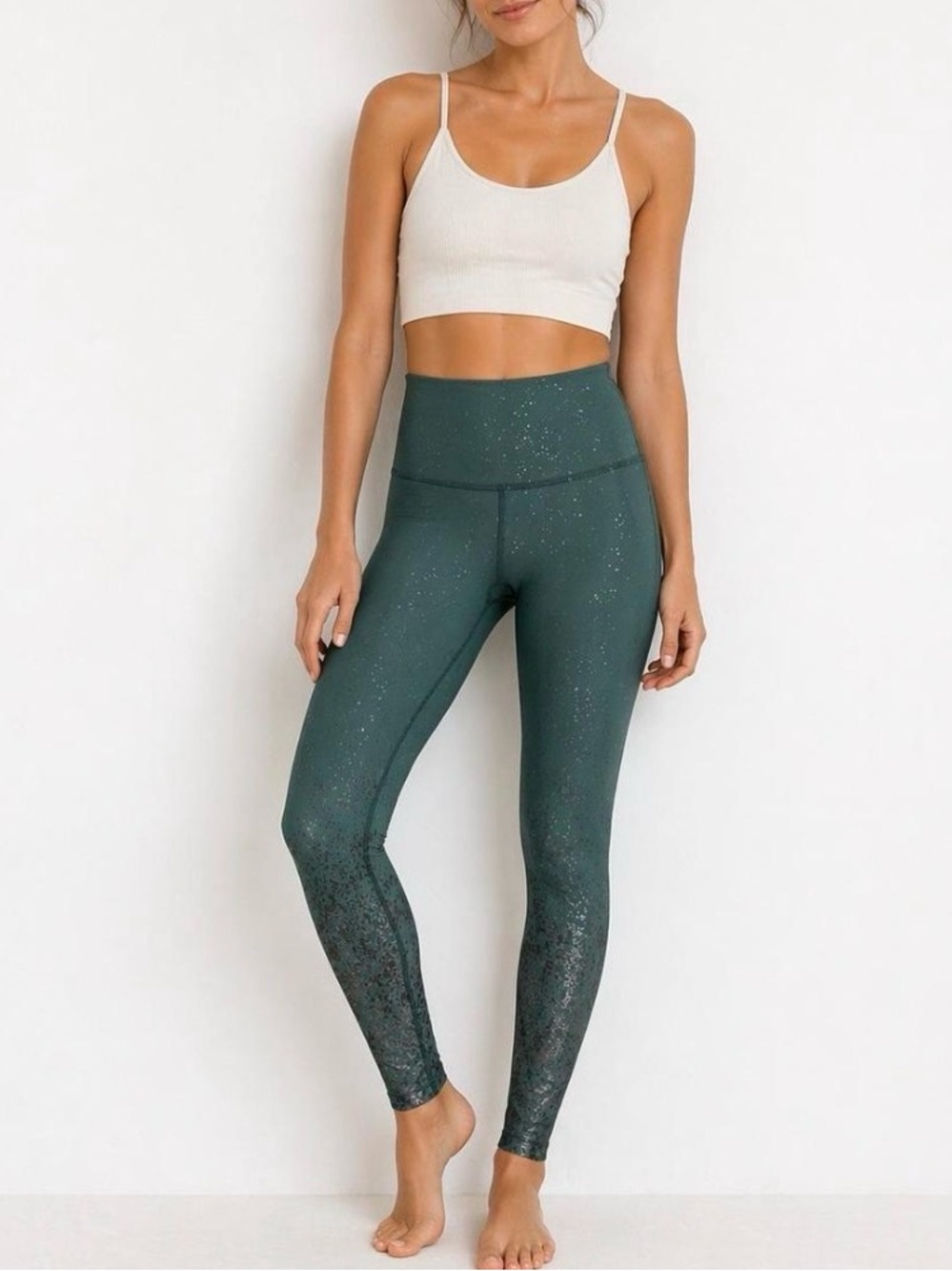 Beyond Yoga Alloy Sparkle High Waisted Midi Leggings Hunter Green Gold Sparkle